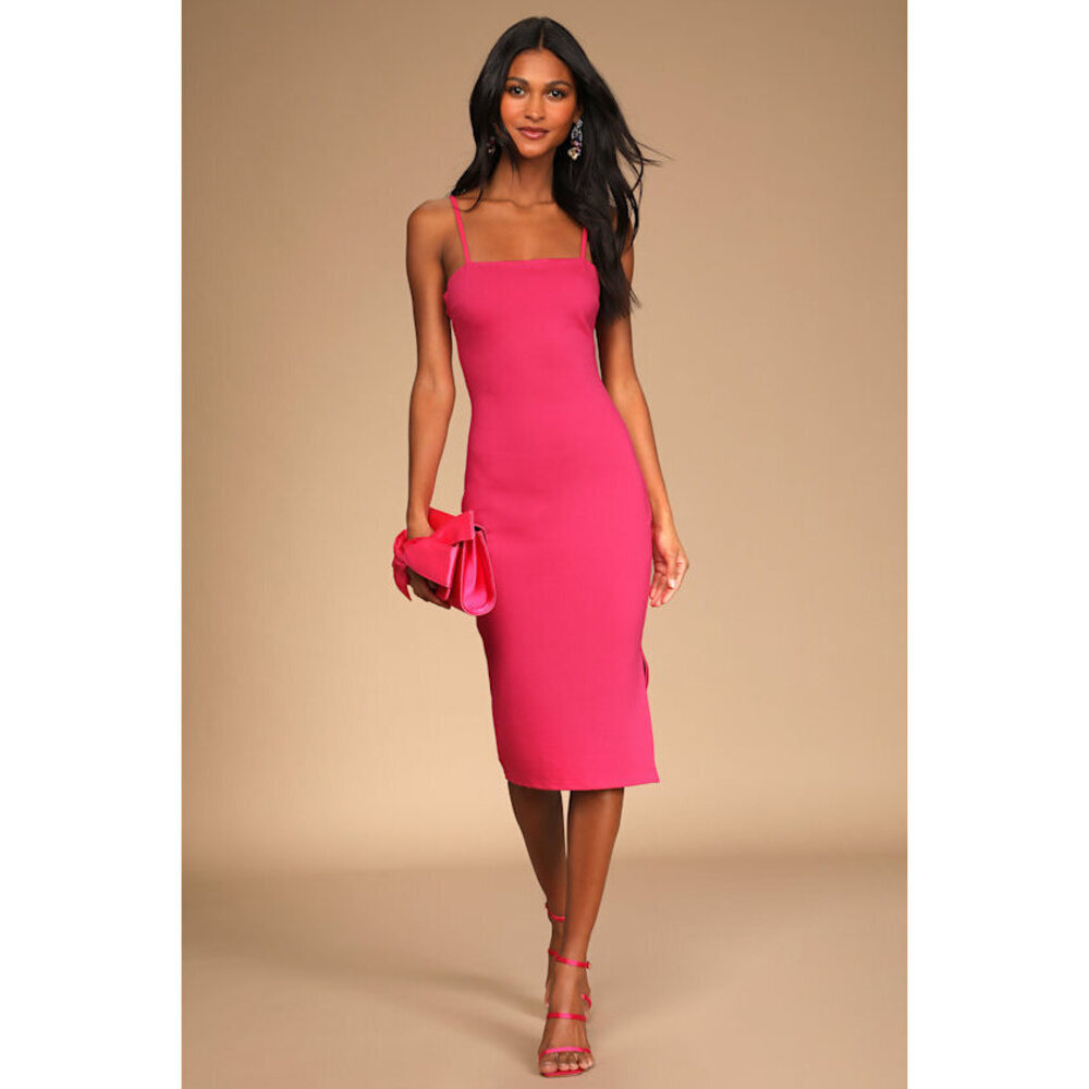 Lulus Paulina Hot Pink Bodycon Midi Dress - Size S - Picture 1 of 3